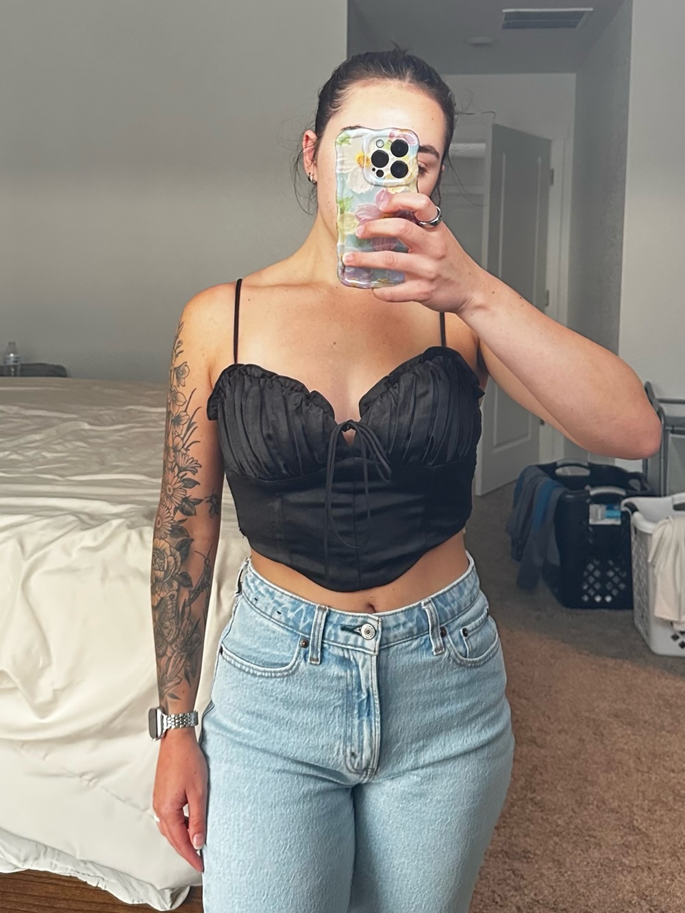 Altar'd State Black Satin Ruched Bustier Crop Top